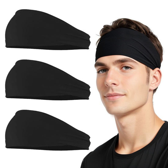 Picture of 3 Pack Headbands for Men and Women, Mens Sweatband Sports Headband, Stretchy Moisture Wicking Hairband for Running,Cycling,Football, Basketball, Yoga(Black)