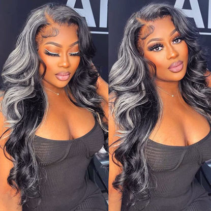 Picture of GIANNAY White Black Highlight Lace Front Wigs Body Wave Lace Front Wig White Gray Streak Black Synthetic Lace Front Wigs for Women (White Streak Black Wig 24")