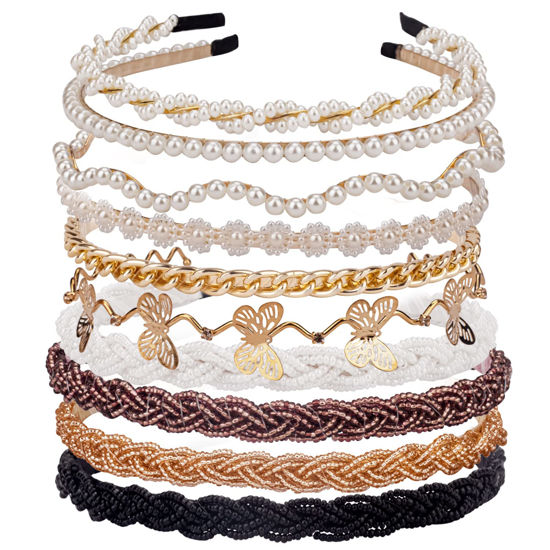 Picture of LYroo Cute Pearl Headbands Beaded Headband Metal Head Bands No Slip Fashion Hair Accessories for Women Girls,10 Pack