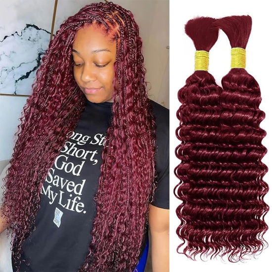 Picture of Human Braiding Hair 2 Bundles/Pack 100g Burgundy 99J Curly Deep Wave Human Bulk Hair for Braiding No Weft 10A Brazilian Virgin Human braiding Hair for Boho Braids Extensions (20 inch/100g)