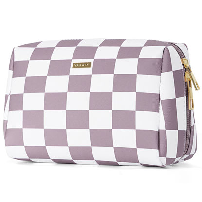 Picture of PU Leather Checkered Makeup Bag Travel Cosmetic Bag Organizer Make up Bag with Organization Pockets for Women (Large,Dusty Rose Checkerboard)