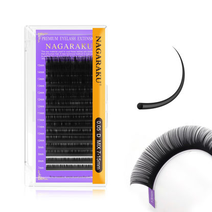 Picture of NAGARAKU Eyelash Extensions 0.05mm D curl 7-15mm Mix Tray Individual Lashes Classic Matte Black Faux Mink 16 Rows Professional Beauty Salon Supplies