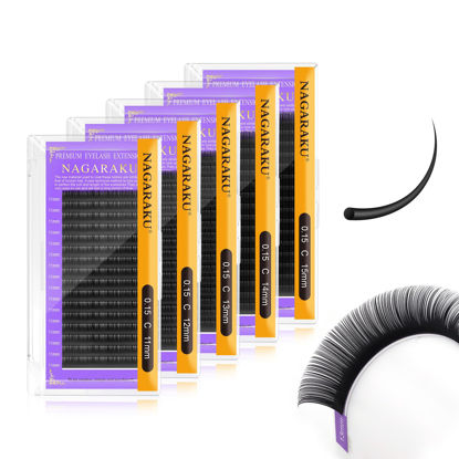 Picture of NAGARAKU 5 Trays Eyelash Extensions Individual Lashes 0.15mm C curl 11/12/13/14/15mm in 1 pack Classic Matte Black Natural Professional Faux Mink 16 rows