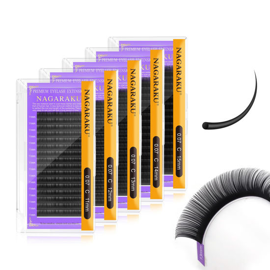 Picture of NAGARAKU 5 Trays Eyelash Extensions Individual Lashes 0.07mm C curl 11/12/13/14/15mm in 1 pack Classic Soft Natural Professional Faux Mink 16 rows