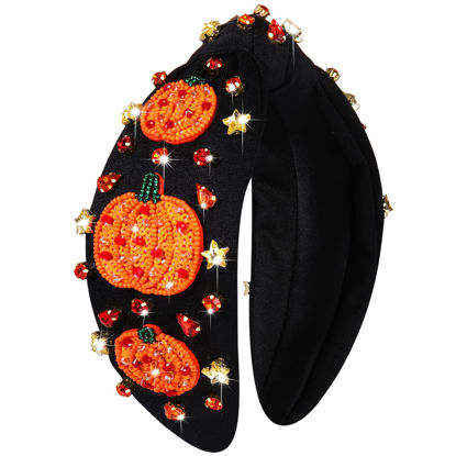 Picture of NVENF Thanksgiving Headband for Women Beaded Turkey Fall Headband Accessories Jeweled Pearl Rhinestone Knotted Headband Autumn Fall Thanksgiving Hair Accessory Outfits Holiday Gifts (Pumpkin 3)