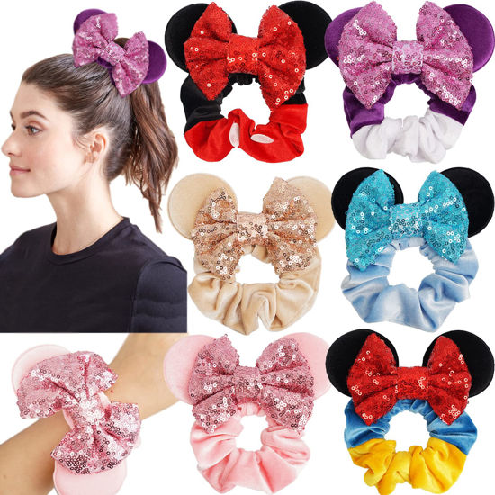 Picture of 6 Pack Mouse Ears Scrunchies Velvet Sparkle Sequin Mouse Bows Hair Scrunchies Hair Ties Elastic Rubber Bands Ponytail Holders for Kids Women Girls Christmas Party Decoration