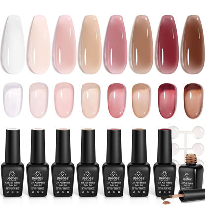 Picture of Beetles Jelly Gel Nail Polish Set, 8 Nude Jelly Pink Milky Brown Translucent Colors Gel Nail Polish Sweet Temptation Collection Soak Off LED Nail Art Manicure Kit DIY Salon at Home Gifts for Women