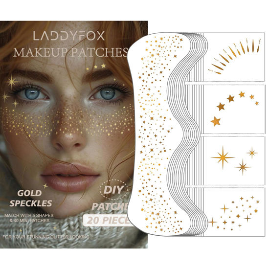 Picture of 20 Pcs Gold Face Makeup Patches, Glitter Freckles Face Tattoo, Glitter Freckles, Sparkle Makeup Patches, Waterproof Face Glitter Speckles Patches for Women (Gold)