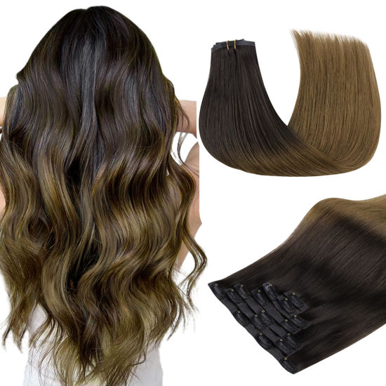 Picture of DOORES Seamless Clip in Hair Extensions Human Hair, Chocolate Dip Color Melt 7pcs 150g 20 Inch, Clip in Hair Extensions Remy Hair Natural Straight Hair Thin Weft Hair invisible Edge Hair Extensions