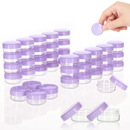 Picture of ZEJIA 3 Gram Sample Containers with Lids, 200 Count Tiny Sample Jars, 3ML Makeup Cosmetic Containers for Lip Balms, Lotion, Powder, Beauty Products(Purple Lids)