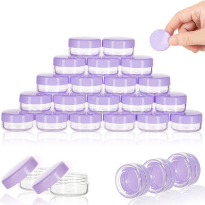 Picture of ZEJIA 3 Gram Sample Containers with Lids, 25 Count Tiny Sample Jars, 3ML Makeup Cosmetic Containers for Lip Balms, Lotion, Powder, Beauty Products(Purple Lids)