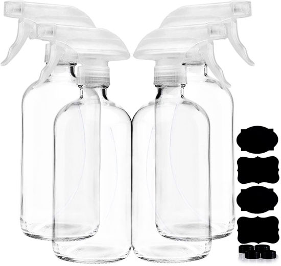 Picture of Clear Glass Spray Bottles For Cleaning Solutions (4 Pack) - 16 Ounce, Refillable & Reusable Sprayer for Essential Oil, Water, Kitchen, Hair. Durable Black Trigger Sprayer w/Mist and Stream Settings