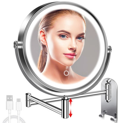Picture of CONLWIN 9" Wall Mounted Lighted Makeup Mirror, 3000mAh Rechargeable Double Sided 1X/10X Magnifying Mirror with Hook,3 Color Lights Dimmable 360° Rotation Vanity Mirror for Bathroom