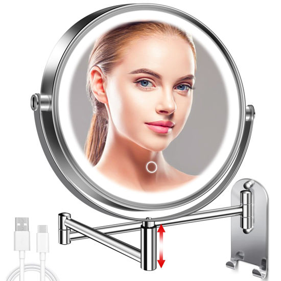 Picture of CONLWIN 9" Wall Mounted Lighted Makeup Mirror, 3000mAh Rechargeable Double Sided 1X/10X Magnifying Mirror with Hook,3 Color Lights Dimmable 360° Rotation Vanity Mirror for Bathroom