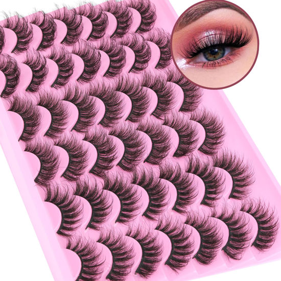 Picture of TNFVLONEINS False Eyelashes Natural Mink Lashes Fluffy Wispy Cat Eye Lashes Natural Look 5D Extension Faux Mink Eyelashes Pack 12-18MM Strip Fake Eyelashes 21 Pairs 3 Styles