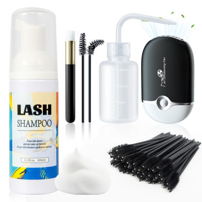 Picture of Buqikma Lash Shampoo for Lash Extensions, Mini Lash Fan 2.11Floz Rich Foam Eyelash Shampoo 50 Pcs Eyelash Brush and Rinse Bottle for Eyelash Wash Remover Lash Extension Cleanser for Home Use (Black)