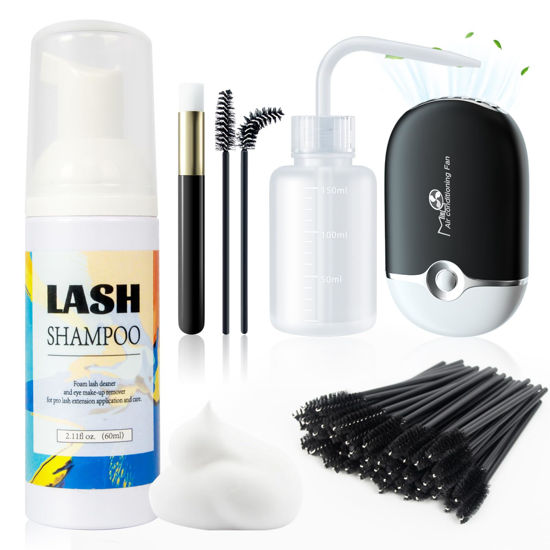 Picture of Buqikma Lash Shampoo for Lash Extensions, Mini Lash Fan 2.11Floz Rich Foam Eyelash Shampoo 50 Pcs Eyelash Brush and Rinse Bottle for Eyelash Wash Remover Lash Extension Cleanser for Home Use (Black)