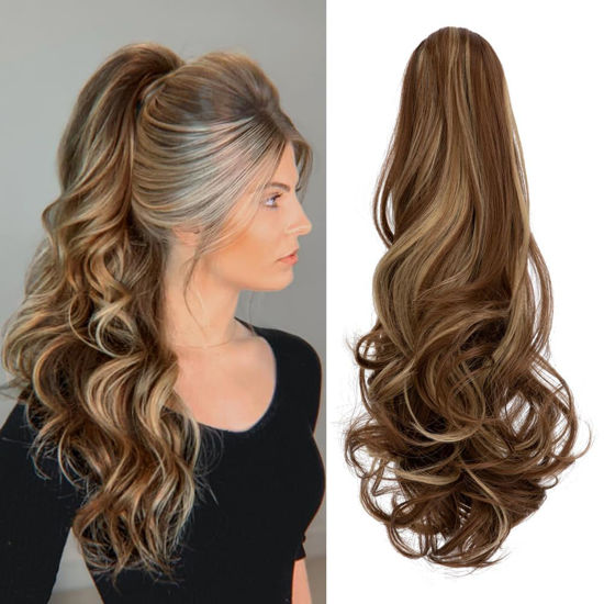 Picture of FELENDY Ponytail Extension Claw 18" 20" Curly Wavy Straight Clip in Hairpiece One Piece A Jaw Long Pony Tails for Women Ash Blonde Mix Light Brown