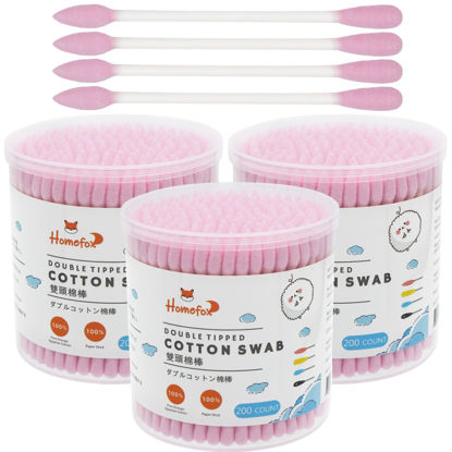 Picture of HOMEFOX Pink Cotton Swabs Precision Pointed - 600 Count Pointy Cotton Buds Double Side Tightly Wrapped Cotton Tips Paper Stick Organic Soft Gentle Lint-Free Cruelty-Free, Pointy & Round (Pink)