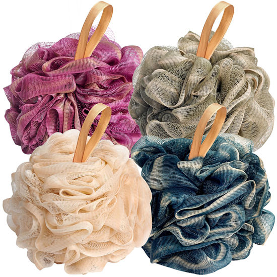 Picture of Fishent Loofah Bath Sponge Shower Loofahs, 4 Pack Soft Loofa Exfoliating Body Scrubber Mesh Shower Puff Pouf Ball Luffa for Men and Women(50g/pcs)