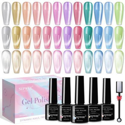 Picture of SUPWEE Cat Eye Gel Nail Polish - 12 Colors Silk Cateye Nail Polish Gel with Magnetic Stick Ceramic Moonlight Magnetic Gel Polish High Glossy Shine Effect Nail Art Manicure Home DIY for Women Girl