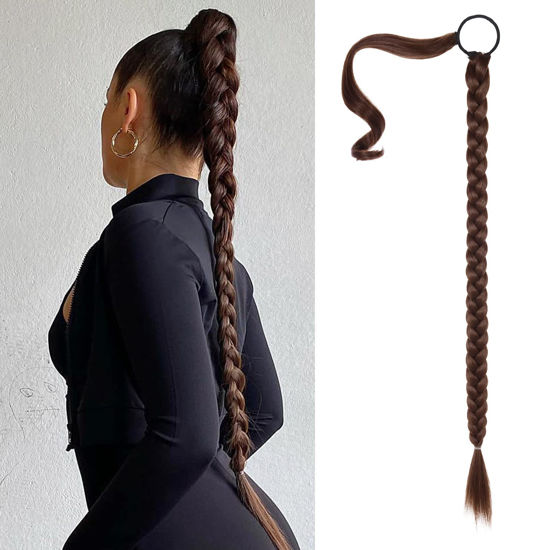 Picture of SEIKEA Upgraded Long Braid Ponytail Extension with Elastic Tie Straight Sleek Wrap Around Braid Hair Extensions Ponytail Medium Cinnamon Brown 34 Inch (After Braided 30 Inch)