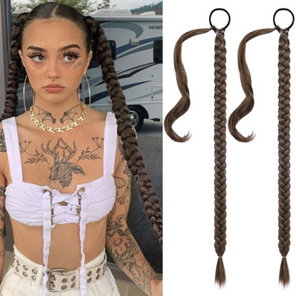 Picture of SEIKEA 2PCS Long Braid Ponytail Extension with Hair Tie Long Straight Wrap Around Hair Extensions Ponytail Soft Synthetic Hair Medium Brown Golden Brown Highlights 26 Inch (After Braided 23 Inch)