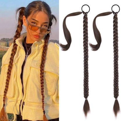 Picture of SEIKEA 2PCS Long Braid Ponytail Extension with Hair Tie Long Straight Wrap Around Hair Extensions Ponytail Natural Synthetic Hair Piece Dark BrownCopper Highlights 26 Inch (After Braided 23 Inch)