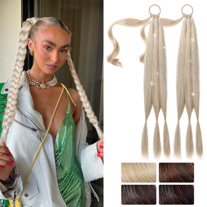 Picture of SEIKEA Braid Ponytail Extension with Glitter Hair Tinsel, 2PCS 26" Long Straight DIY Braid Hair Extension with Hair Tie, Wrap Around Hair Extensions Ponytail Hairpiece Blonde Pale Gold Highlights
