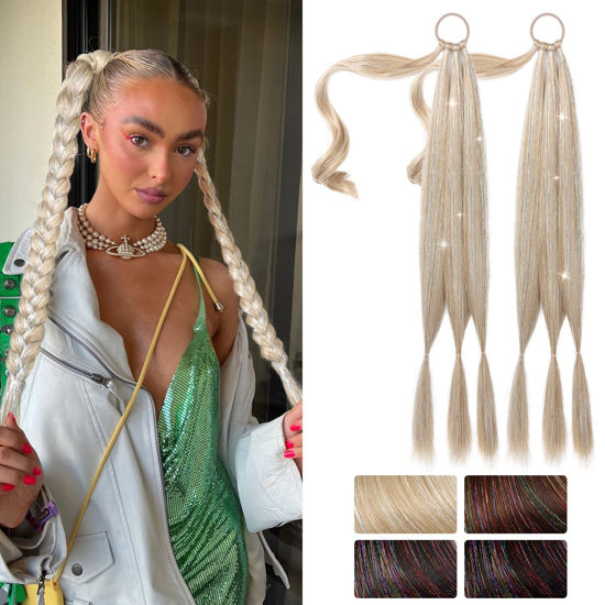 Picture of SEIKEA Braid Ponytail Extension with Glitter Hair Tinsel, 2PCS 26" Long Straight DIY Braid Hair Extension with Hair Tie, Wrap Around Hair Extensions Ponytail Hairpiece Blonde Pale Gold Highlights