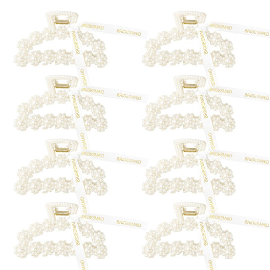 Picture of DEEKA Bridesmaid Proposal Gifts 8 Pack Pearl Bridesmaid Hair Claw Clips with Ribbon 3.7 Inch Large Hair Clips Bachelorette Party Favors Bridal Party Present Hair Accessories (Half Circle L)