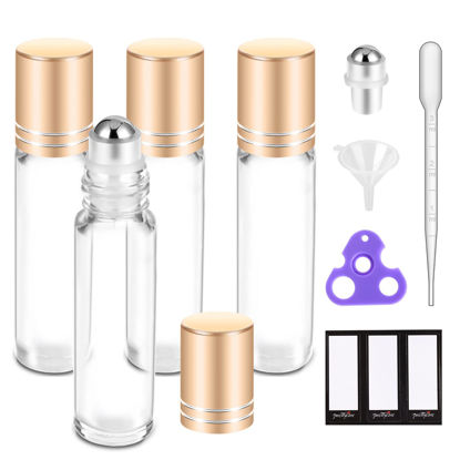 Picture of PrettyCare Essential oil Roller Bottles for Oils 10ml Glass Clear Perfume Bottles Empty with Extra Roller Balls, Opener, Funnel, Pipette, Labels, 4pack Roll on Bottles