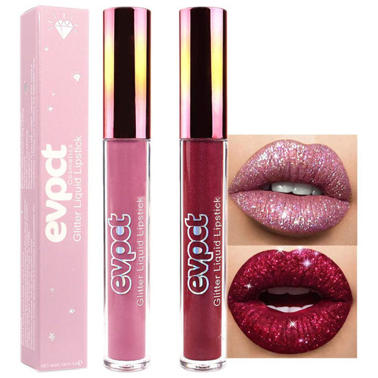 Picture of evpct 2Pcs Mauve & Dark Red Matte to Glitter Liquid Lipstick Set Kit for Women Long Lasting Glossy Metallic Shimmer Sparkle Lipstick Lip Gloss 01+04