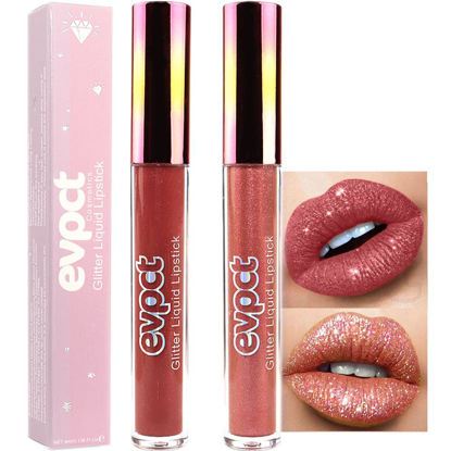 Picture of evpct 2Pcs Mauve Red & Bronze Gold Matte to Glitter Liquid Lipstick Long Lasting Lip Set Kit for Women Diamond Shiny Glitter Sparkly Glossy Metallic Shimmer Sparkle Waterproof Lipstick Lip Gloss 02+05