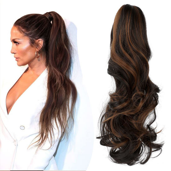 Picture of Mitrygreen Claw Clip Ponytail Extension 18" Clip in Wavy Ponytail Hair extensions Long Pony Tails for Women Extensions Dark Brown Mix Light Auburn Wave Hairpiece