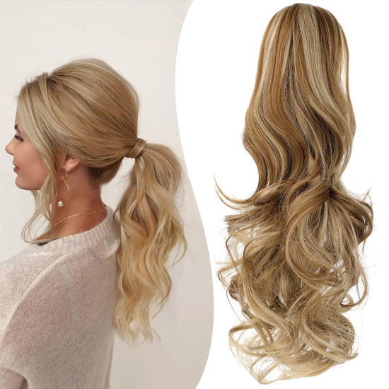 Picture of Mitrygreen Claw Clip Ponytail Extension 18" Clip in Wavy Ponytail Hair Extensions Long Pony Tails for Women Extensions Ash Blonde Mix Ginger Brown Wave Hairpiece