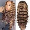 Picture of NKTU 4/27 Deep Wave Lace Front Wigs Human Hair Honey Blonde Highlight Ombre Wigs Human Hair for Women 13x4 HD Transparent Lace Frontal Wigs Pre Plucked with Baby Hair 200 Density 26 Inch