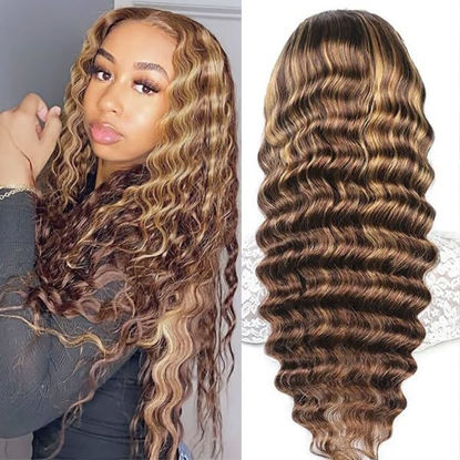 Picture of NKTU 4/27 Deep Wave Lace Front Wigs Human Hair Honey Blonde Highlight Ombre Wigs Human Hair for Women 13x4 HD Transparent Lace Frontal Wigs Pre Plucked with Baby Hair 200 Density 26 Inch