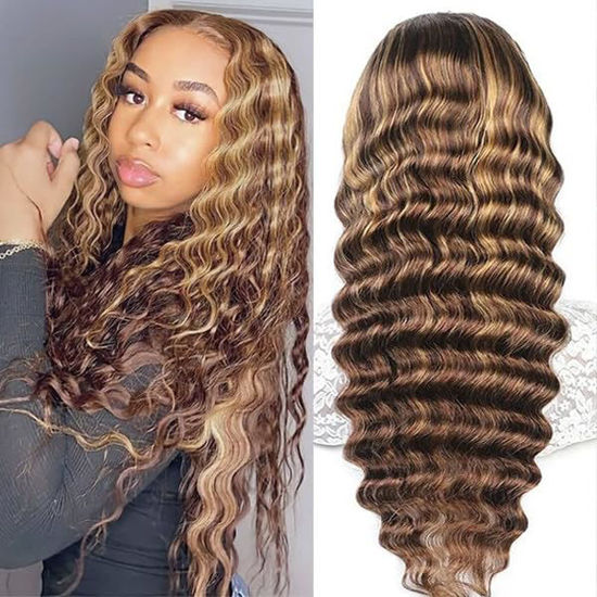 Picture of NKTU 4/27 Deep Wave Lace Front Wigs Human Hair Honey Blonde Highlight Ombre Wigs Human Hair for Women 13x4 HD Transparent Lace Frontal Wigs Pre Plucked with Baby Hair 200 Density 26 Inch