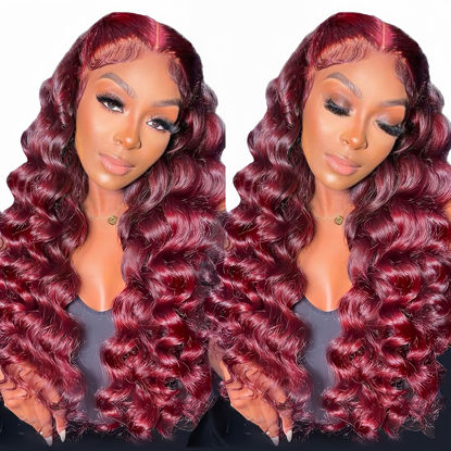 Picture of NKTU Burgundy Lace Front Wigs Human Hair- 99j Deep Wave HD Transparent Lace Frontal Wigs for Women Wine Red Glueless Pre Plucked with Baby Hair, 200 Density 20 Inch