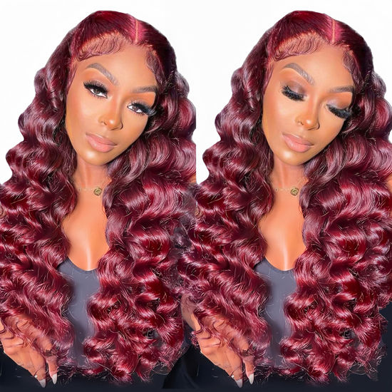 Picture of NKTU Burgundy Lace Front Wigs Human Hair- 99j Deep Wave HD Transparent Lace Frontal Wigs for Women Wine Red Glueless Pre Plucked with Baby Hair, 200 Density 20 Inch