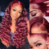Picture of NKTU Burgundy Lace Front Wigs Human Hair- 99j Deep Wave HD Transparent Lace Frontal Wigs for Women Wine Red Glueless Pre Plucked with Baby Hair, 200 Density 20 Inch