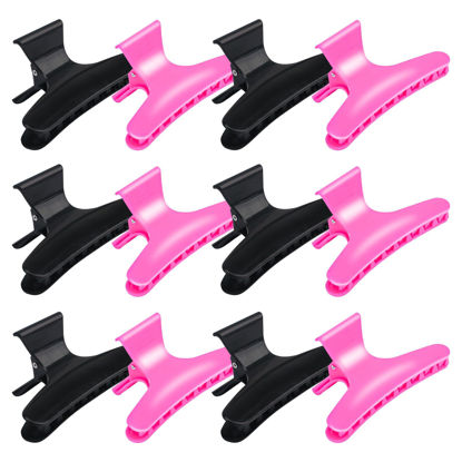 Picture of BAHABY Hair Clips for Styling Sectioning 12 Pack Black Hot Pink Butterfly Clamps Hair Claw Clips Pro Salon Hair Clips for Styling, Sectioning, Cutting and Coloring