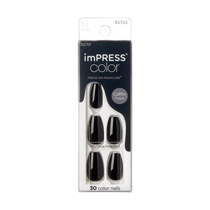 Picture of KISS imPRESS No Glue Mani Press On Nails, Color, 'All Black', Black, Medium Size, Coffin Shape, Includes 30 Nails, prep pad, mini nail file, manicure stick