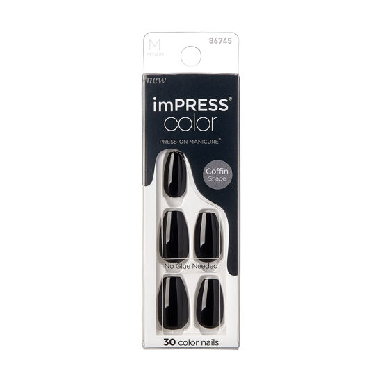 Picture of KISS imPRESS No Glue Mani Press On Nails, Color, 'All Black', Black, Medium Size, Coffin Shape, Includes 30 Nails, prep pad, mini nail file, manicure stick