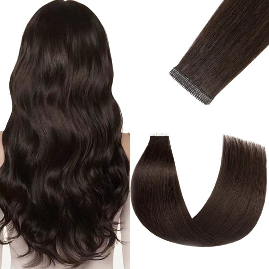 Picture of FUOTONBUTY Tape in Hair Extensions Human Hair 20 pcs/40g Double Stitched Real Human Hair Extensions Lightweight Invisible Thick Ends Tape in Hair Piece (Dark Brown to Black, 14 inch)