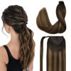 Picture of DOORES Human Hair Extensions Ponytail Extensions Balayage Dark Brown to Chestnut Brown 20 Inch 90g Clip in Ponytail Wrap Around Ponytail Straight Hair Pieces For Women Ponytail with Magic Paste