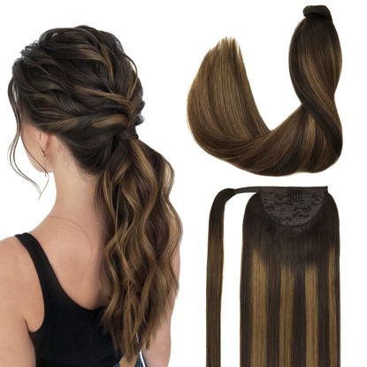 Picture of DOORES Human Hair Extensions Ponytail Extensions Balayage Dark Brown to Chestnut Brown 20 Inch 90g Clip in Ponytail Wrap Around Ponytail Straight Hair Pieces For Women Ponytail with Magic Paste
