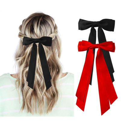 Picture of Red and Black Hair Bows for Women - 2Pcs Silkly Satin Hair Ribbon Bow with Metal Clips Hair Accessories for Girls