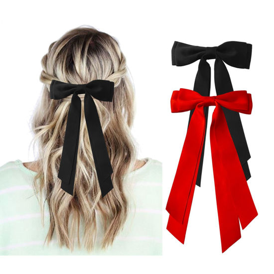 Picture of Red and Black Hair Bows for Women - 2Pcs Silkly Satin Hair Ribbon Bow with Metal Clips Hair Accessories for Girls